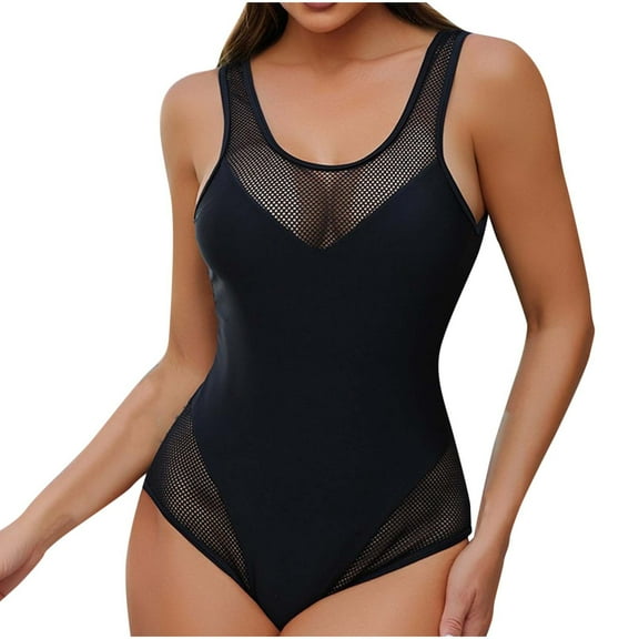Saving UTSJKR Sexy One Piece Bathing Suit for Women - Black One Piece Swimsuits for Women Solid Scoop Neck Mesh Hollow Out - Monokini Black 8-10