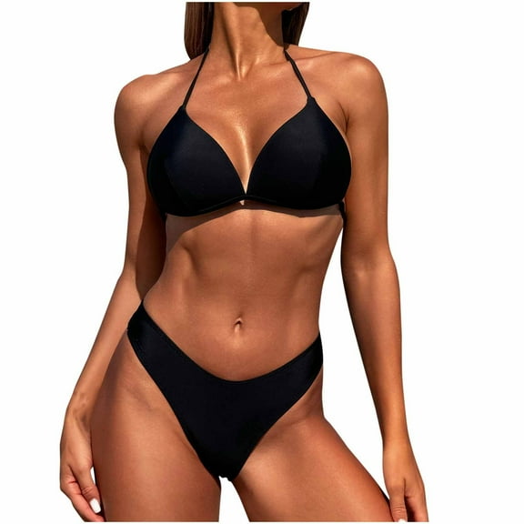 Saving UTSJKR Solid Halter Bikini Sets for Women Sexy Triangle High Cut Bikini Bathing Suits 2 Piece Swimsuit Push Up Bra & Bikini Bottom Swimsuit Sets Black M