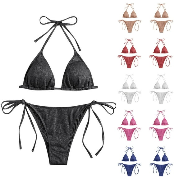 Saving UTSJKR Triangle Bikini for Women 2 Piece Halter Bikini Sets Sexy High Cut Bathing Suit Side Tie Swimsuits Black 8-12