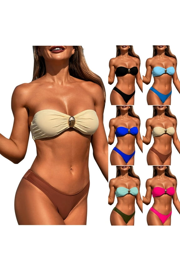 Saving UTSJKR Women's 2 Piece Bandeau Swimsuit Ruched Strapless Bandeau High Cut Bikini Set Bathing Suit Metallic Ruched Tie Comfy Strapless Bra and High Cut Brief Swimsuits Blue XL