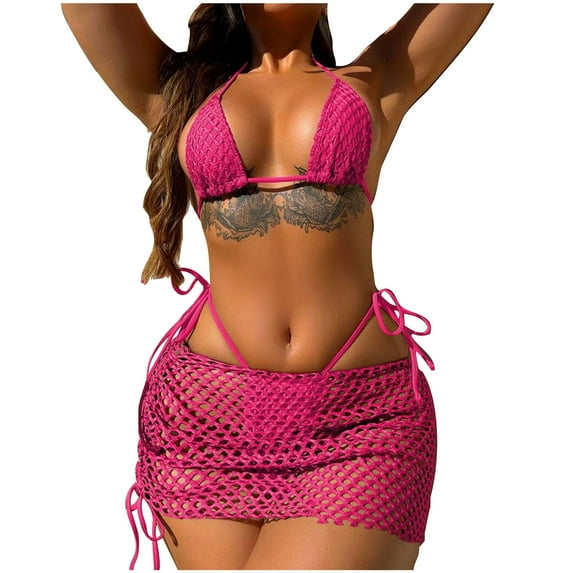 Saving UTSJKR Women's 3 Piece Swimsuits Hollow Out Halter Triangle Tie Side Bikini Sets Bathing Suit with Beach Skirt Hot Pink 10