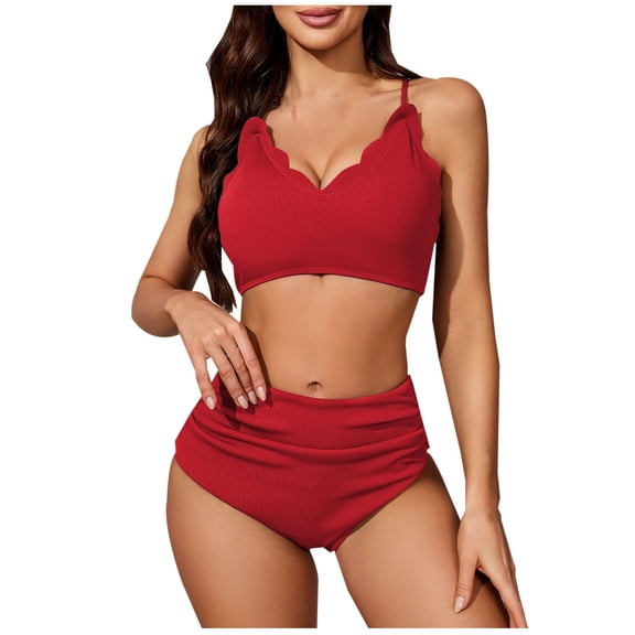 Saving UTSJKR Women's Crisscross Ruched High Waisted Bottom Bikini Set Two Piece Swimsuit Tankini for Women Beach Wave Trim Cami Bra & Tummy Control Ruched Thong Bikini Sets Red 4-8