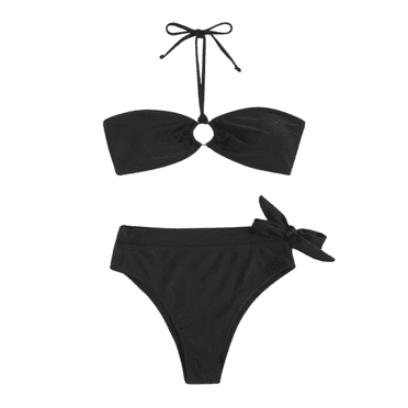 Saving UTSJKR Women's Halter Bikini Set Bandeau Bikini O Ring Tie Back High Cut Two Piece Swimsuit Bathing Suits Black 8