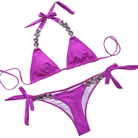 Saving UTSJKR Women's Halter Bikini Swimsuit Two Piece Rhinestone Bikini Set Bikini Bathing Suit Crystal Side Bottom Triangle Bikini Halter Swimsuits Purple 12-14