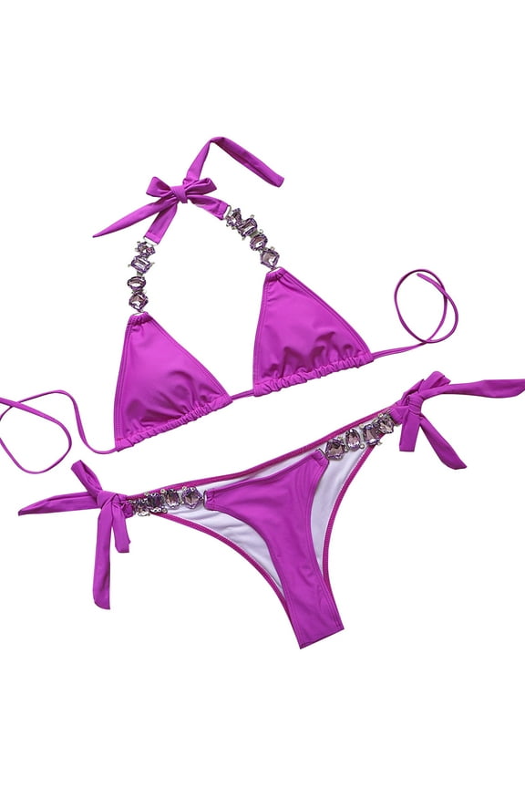 Saving UTSJKR Women's Halter Bikini Swimsuit Two Piece Rhinestone Bikini Set Bikini Bathing Suit Crystal Side Bottom Triangle Bikini Halter Swimsuits Purple 12-14