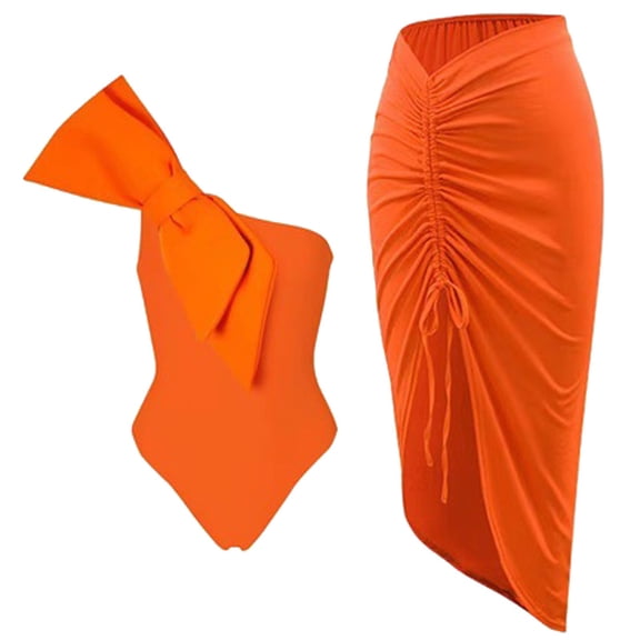 Saving UTSJKR Women's One Piece Swimsuit with Beach Cover up Wrap Skirt Sarong Retro Solid Bikini Set Two Piece Bathing Suits Orange 8