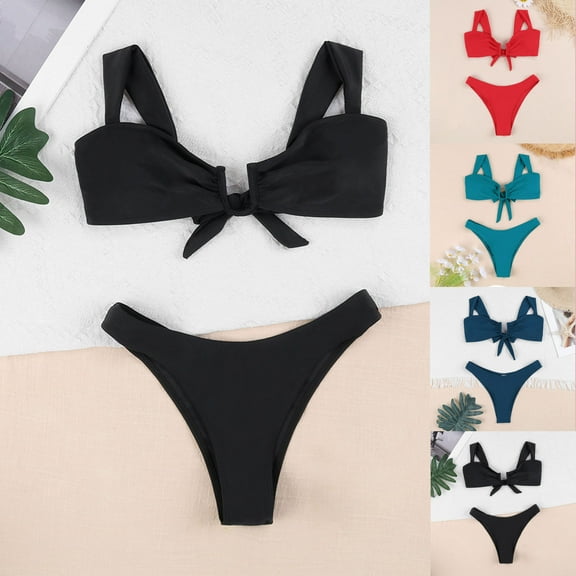 Saving UTSJKR Women's Two Piece Triangle Top Bathing Suits Bikini Sets with Bottom Tie Back Padded High Cut Bralette Swimsuit Set Black L