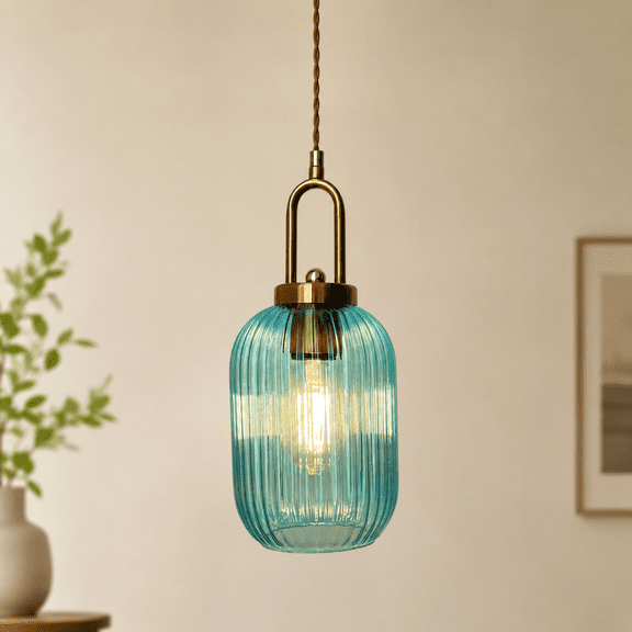 SavingGet Modern Blue Glass Pendant Light, Brass Hanging Ceiling Lamp for Kitchen Island, Dining Room, Bedroom, Adjustable Hanging Fixture