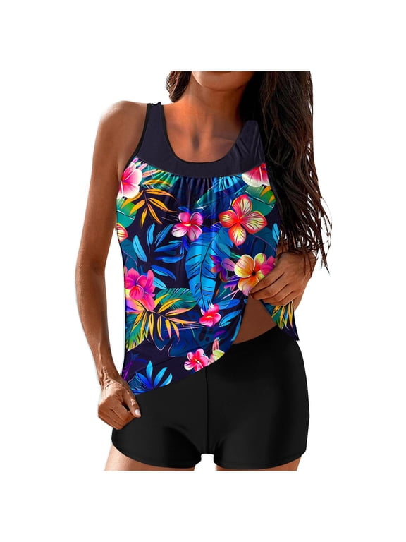 $15 & Under UTSJKR Tankini Swimsuits for Women Two Piece Bathing Suits Blouson Tank Top with Boyshorts Tummy Control Modest Swimsuits Multicolor XL