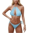 thumbnail image 1 of $15 & Under UTSJKR Women Sexy Bikini 2 Piece Summer Beach Solid Color Hollow Out Neck Tie Sexy Bikini Set Halter Top ​Tie Side Thong Bikini Swimsuits Sky Blue L, 1 of 4