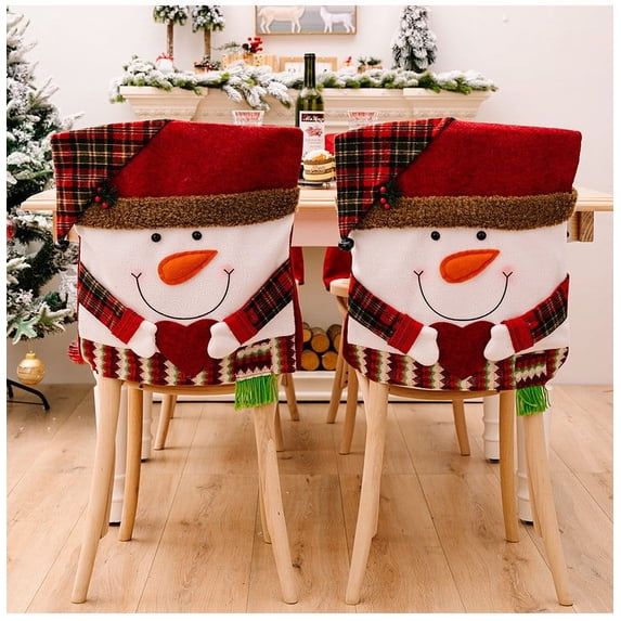 2PCS Christmas Chair Covers 20.5 x 11 Inch Stretch Red Flannel Xmas Chair Back Covers Set of 2, Snowman Dining Chair Covers Slipcover for Holiday Decor