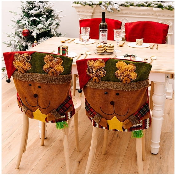2PCS Christmas Chair Covers 20.5 x 11 Inch Stretch Red Flannel Xmas Chair Back Covers Set of 2, Xmas Deer Dining Chair Covers Slipcover for Holiday Decor