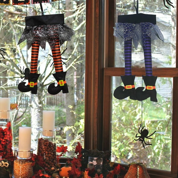 2PCS Halloween Witch Legs for Wreath Plush Stuffed Orange Witch Legs with Shoes Sticking out of Window Door Car Outdoor Wicked Novelty Hanging Witch Legs Car Trunk Yard Door Decorations