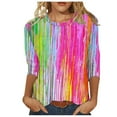 thumbnail image 1 of Savings 3/4 Sleeve Tops Striped Colorful Print Round Neck T-shirts Plus Size Basic Tees Casual Loose Pullovers Shirts Hot Pink,M, 1 of 5
