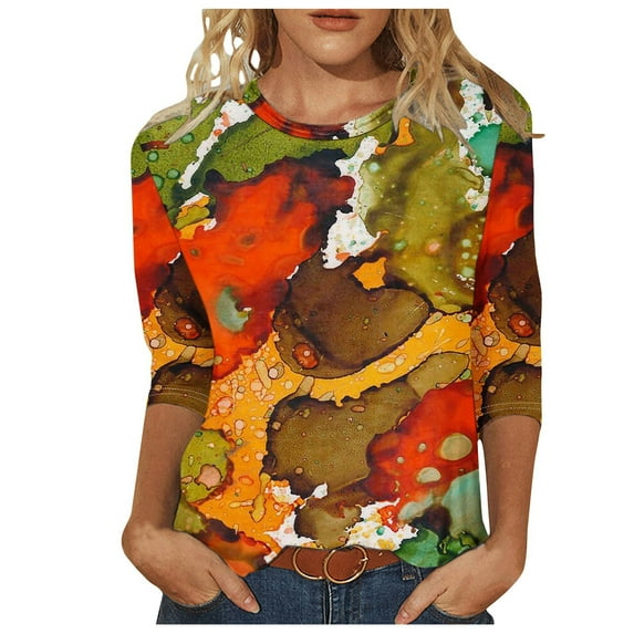 3/4 Sleeve Tops Striped Colorful Print Round Neck T-shirts Plus Size Basic Tees Casual Loose Pullovers Shirts Orange,M