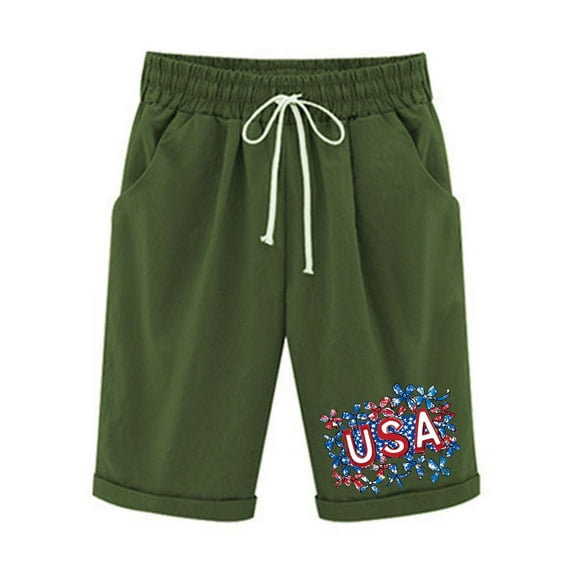 3 Packs Womens Summer Shorts American Flag Bermuda Short Elastic High Waist Pant 4Th Of July Patriotic Knee Length Shorts Hiking Outdoor Track Sweatpants Beach Holiday Trouser With Pockets