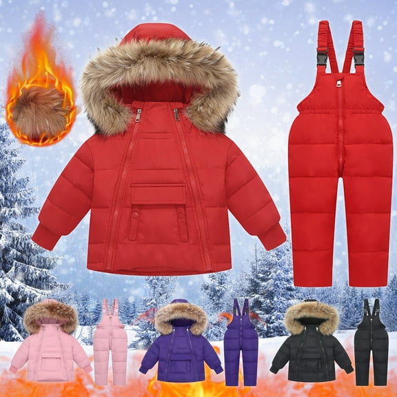 Little Girls Winter 2-Piece Ski Snowsuit Set Boys Girls Fashion Solid Color Down Jackets Keep Thickening Warm Outdoor Coat Jumpsuit Set Red 3 Years