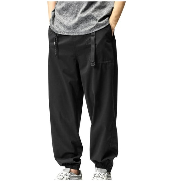 Ndbuld Men's Casual Cargo Pants Men's Solid Color Multi Pocket Ankle Drawstring Work Pants Loose and Stylish Sports Casual Pants,Black,XL