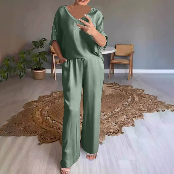 Shirts for Women Womens Shirts Women 2 Piece Outfits Sweatsuit Set Half Zip Lapel Collar Short Sleeve Sweatshirt Wide Leg Sweatpant Tracksuit Sets Ndbuld Army Green 3XL