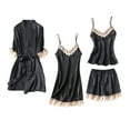 thumbnail image 1 of 4 Pieces Lace Pajamas for Women Satin Trendy Comfy Sleepwear Loungewear Valentine's Outfits Gifts Robe-Nightgown-Tank Tops-Shorts Black,M, 1 of 7