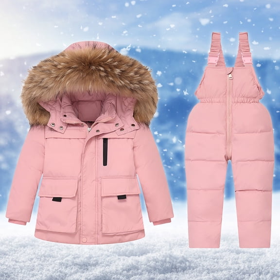 Ski Suits for Kids, Boys Girls Fashion Solid Color Down Jackets Keep Thickening Warm Outdoor Coat Jumpsuit Set