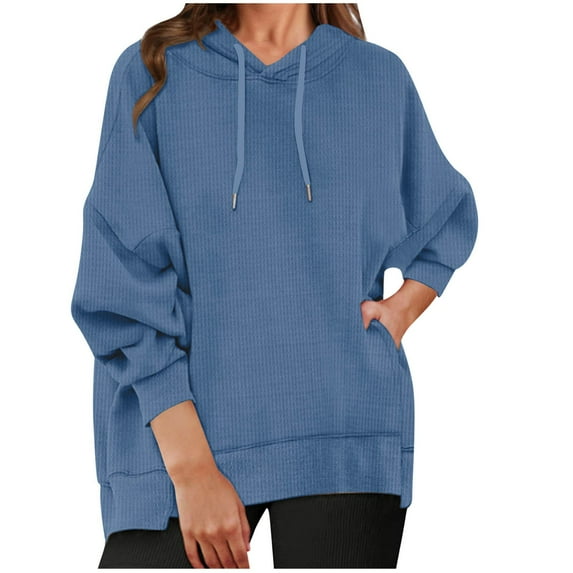 Savings AKOEE Oversized Waffle Hoodies Women Fall Winter Casual Drawstring Trendy Hooded Sweatshirt Pullover with Pockets (2XL, Blue)