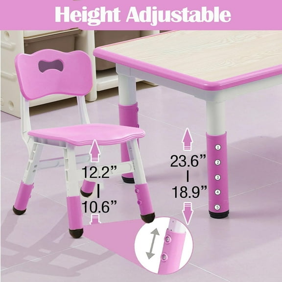 Savings Await Pink Kids Table and Chairs Set - Height Adjustable Toddler Table with 6 Chairs, Ergonomic Design for Ages 2-10, Multi-Activity Graffiti Desktop - Easy Assembly and Maintenance