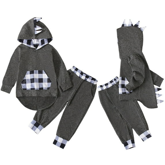Baby Dinosaur Outfits 3D Plaid Long Sleeve Hoodie Jogger Pant Sets 2 Piece Fall Winter Baby Boy Girl Clothes (12-18 Months, Gray)