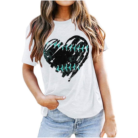 Baseball Print Mom Shirts Women Casual Short Sleeve Mother's Day Tee Cute Graphic Tunic Tops (S, White)
