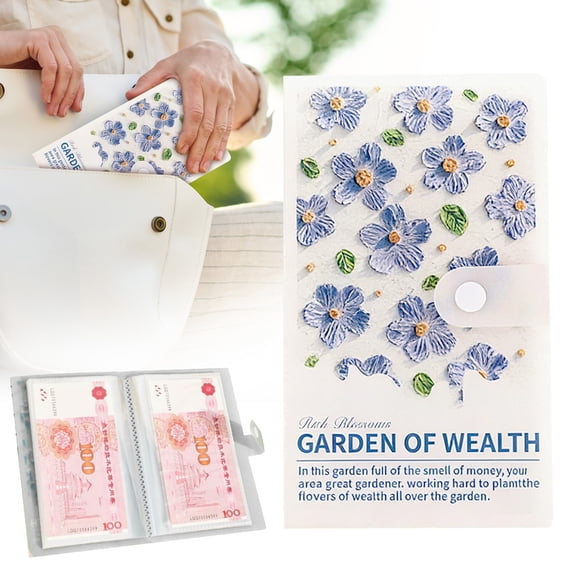 Savings Challenge Book, Money Saving Binder, Savings Book, 3D Oil Painting Floral Savings Book Envelope Challenge Portable Cash Organizer, Button Closure Wallet Planner White 1Pcs