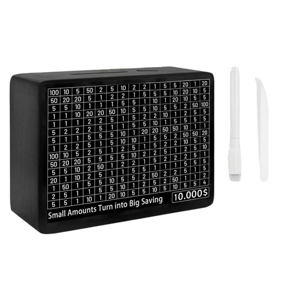 Savings Challenge Box Wooden Money Saving Box Cash Vault Piggy Bank for Adults Kids One Piece Reusable Coin Bank 16.5x12.2x6.3cm (Black, White)