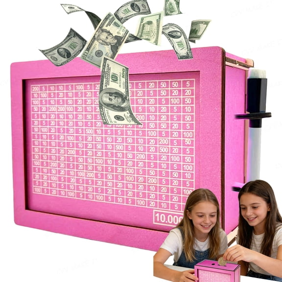 Savings Challenge Wooden Money Box with Lock Large Capacity Coin & Cash Organizer Transparent Front Reusable Savings Tracker Decorative Wooden Cash Bank for Kids & Adults,Pink-5000-With Pen