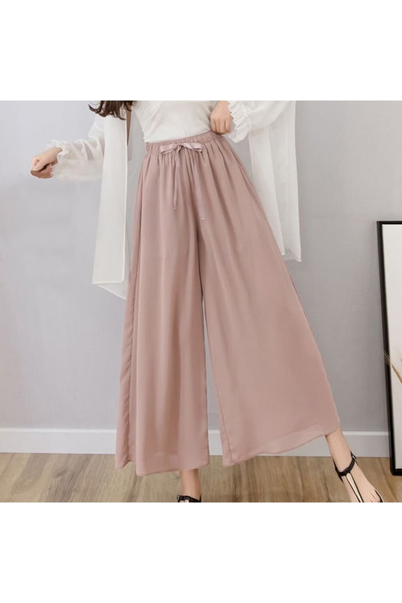Chiffon Pants for Women Wide Leg Plus Size Lace Up Hight Waist Trousers Ldies Fashion Culottes Capri Pant (L, Pink)