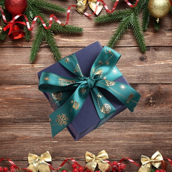 Savings Christmas Ribbon Satin 9.84 Yards,Christmas Snowflake Ribbons for Gift Wrapping,1 Inch Wide Printed Ribbons with Golden Bells Elk Snowflakes for Festival Holiday Party Decorations DIY Crafts