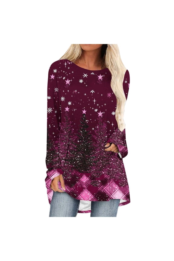 Christmas Shirts for Women Long Sleeve Crew Neck Tunic Tops Loose Fit Xmas Tree Print Holiday Graphic Tees (3XL, Hot Pink)
