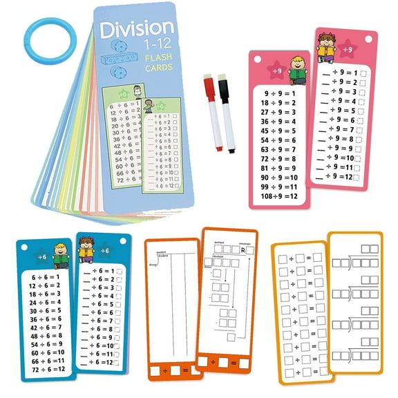 15Pcs Division Flash Cards, Math Flash Cards with 2 Dry Erase Pens 1 Rings, Educational Time Table Flash Cards for 1st to 3rd Grades Fun Learning with Math Game
