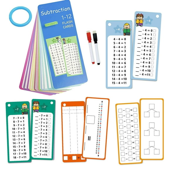 15Pcs Subtraction Flash Cards, Math Flash Cards with 2 Dry Erase Pens 1 Rings, Educational Time Table Flash Cards for 1st to 3rd Grades Fun Learning with Math Game