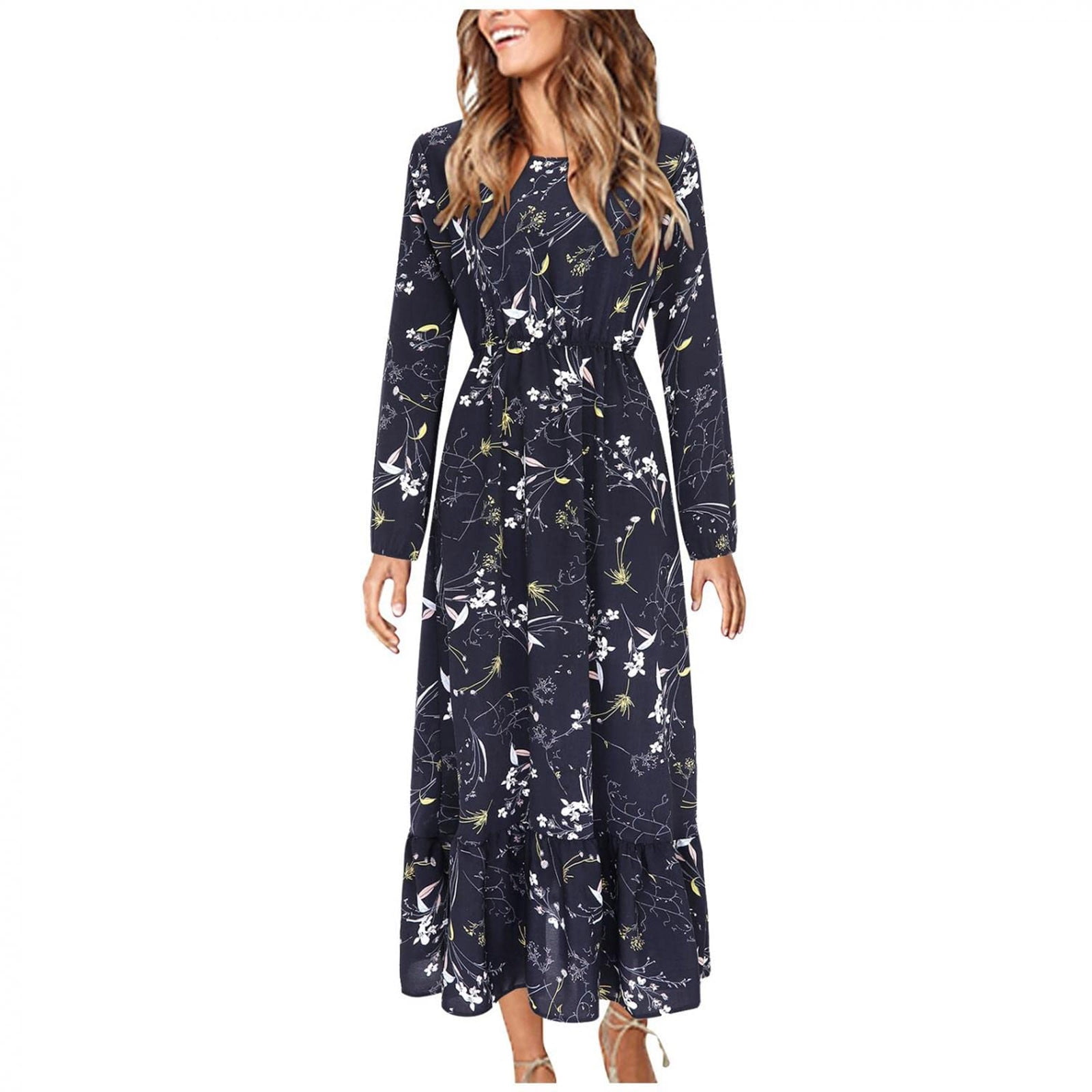 Savings Clearance 2023! Funicet Women Dress Clearance Dresses for Women Fashion Crewneck Floral