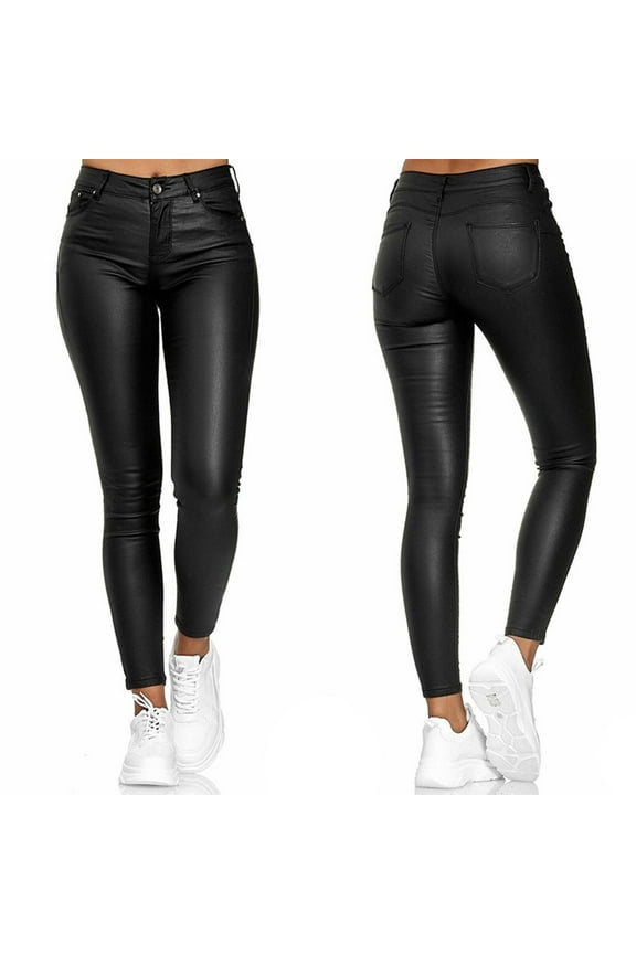 Denim Pants for Women,Womens Straight Leg Jeans,Fashion Women Solid Casual Pockets Button High Waist Faux Leather Long Pants