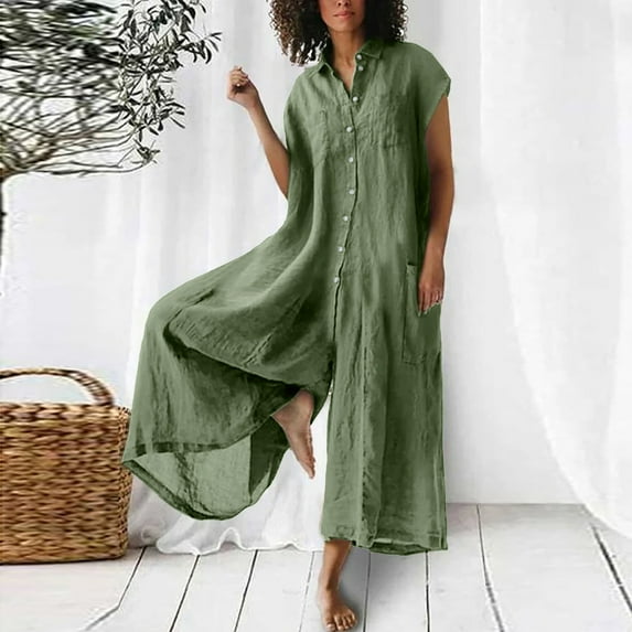 Black*Friday Womens Clothing Clearance under $5 GaThRRgYP Pants for Women Under $5,Women's Solid Color Casual Short Sleeved Medium Length Cotton Linen Shirt Jumpsuit