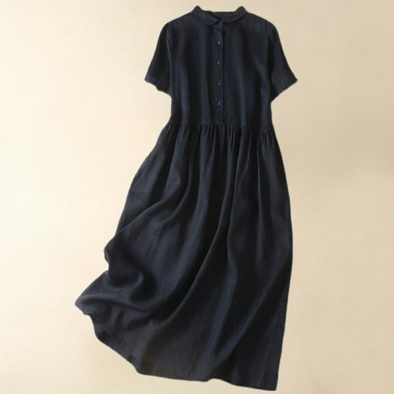 GaThRRgYP Womens Short Dress onfor 6$,Summer Women's Cotton Linen Solid Loose Short Sleeve Lapel Neck Button Dress