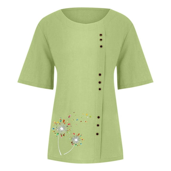 GaThRRgYP Going Out Tops for Women,Plus Size Womens Tunic Tops Short Sleeve,Women's Short Sleeved Casual Plus Size Round Neck Printed Loose Button Cotton Linen Top