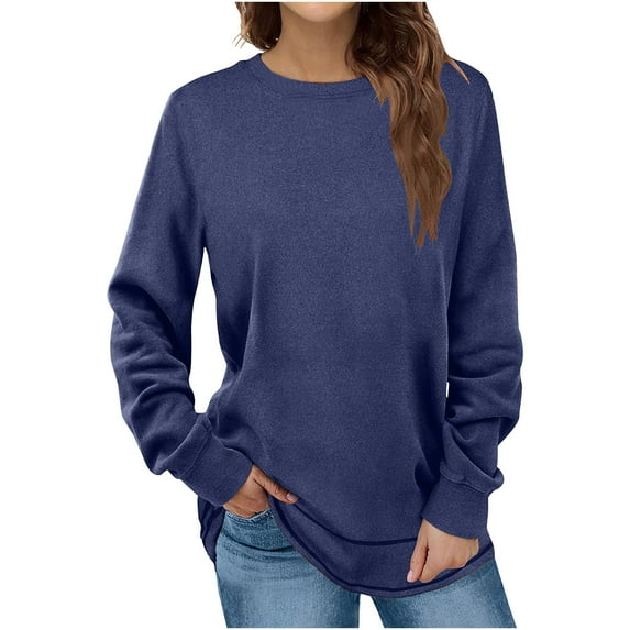 LEAVINGSUO Blouses for Women Fashion Casual Womens Fall Tops Women's Fashion Winter Solid Round-Neck Pullover Long Sleeve Tops Navy XL