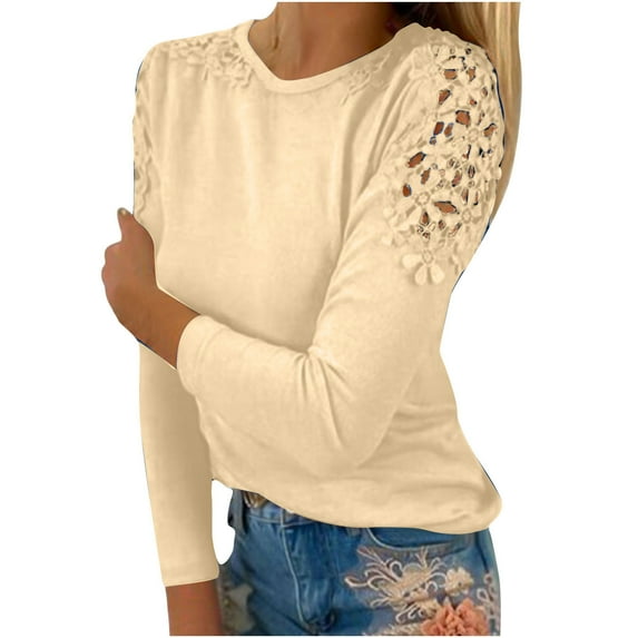 LEAVINGSUO Long Sleeve Shirts for Women, Fall Womens Tops Fashion Women Casual Round-Neck Lace Hollow Out Long Sleeve Pullover Slimming Blouse T-Shirt Tops Khaki XXXXL
