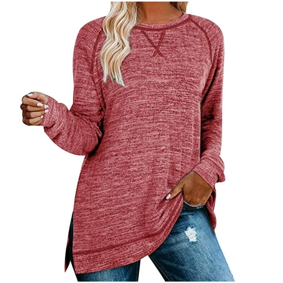 LEAVINGSUO Long Sleeve T-Shirt Women's Fashion Color Sweater Round Neck Long Sleeve Split