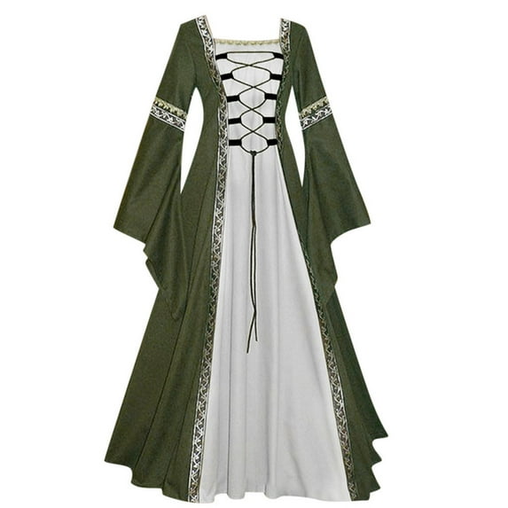 LEAVINGSUO Women's Casual Dresses Fashion Women Patchwork Casual Vintage Floor Length Gothic Cosplay Dress Green XXXXXL