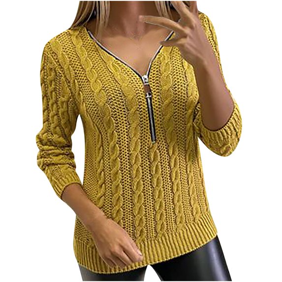 Savings Clearance 2023! asdoklhq Womens Plus Size Tops Clearance,Woman Tops Classic V-Neck Long Sleeve Zipper Solid Color Sweater Blouse