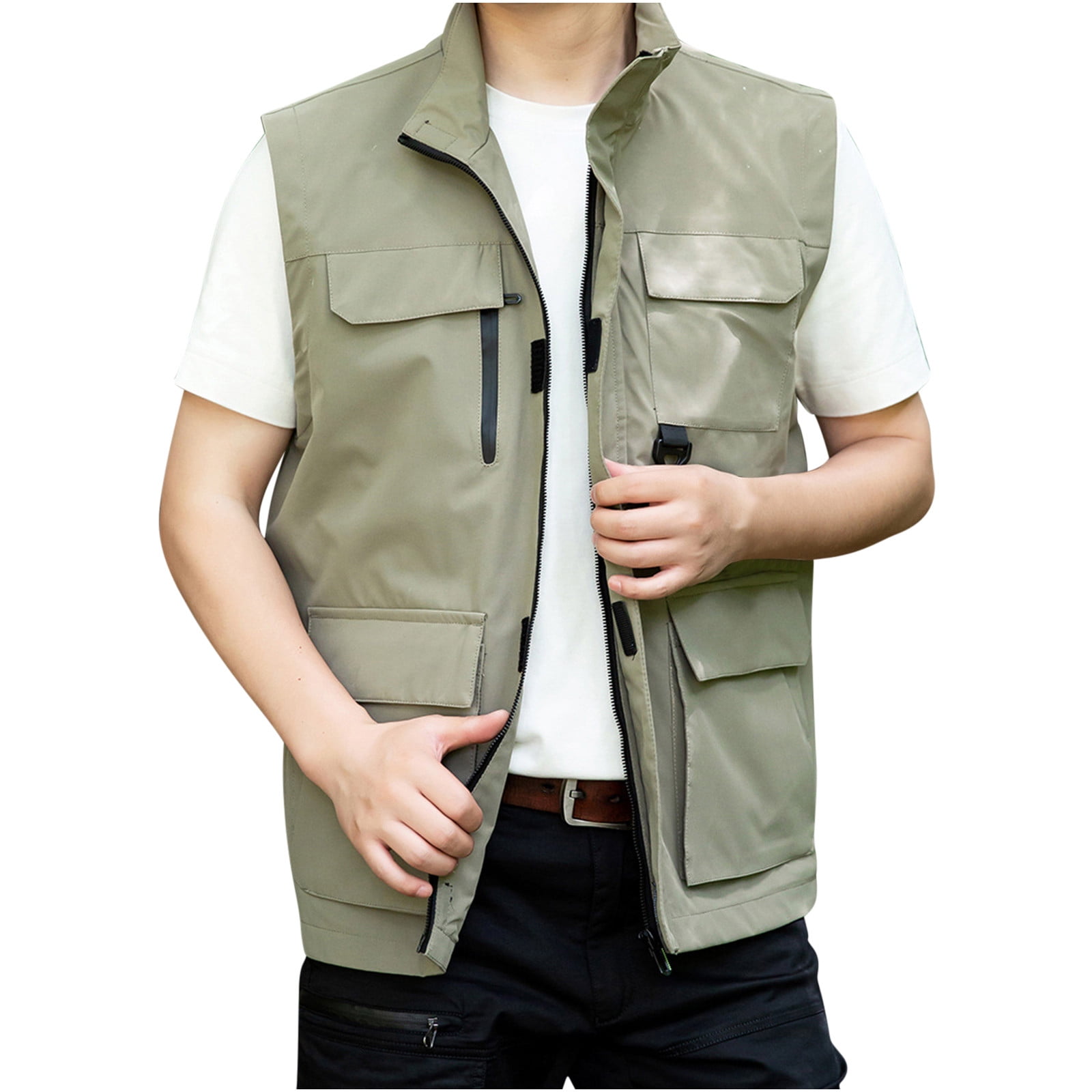 Puntoco Plus Size Coat Clearance Mens Gilet Waistcoat Multi Pocket Fishing  Hunting Hiking Vest Waistcoat Jacket Beige 10(XL)