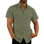 Savings Clearance 2024! Funicet Mens Short Sleeve Button Down Shirts Men's Fashion Vacation Solid Color Cotton Linen Double Pocket Casual Shirts Short Sleeves Army Green 3XL