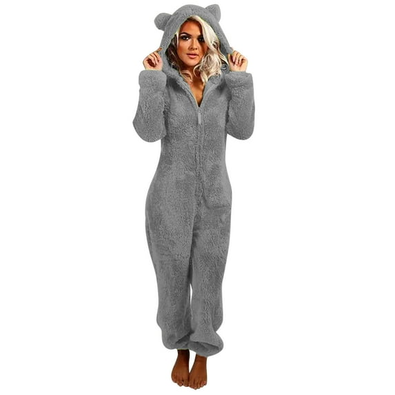 Savings Clearance 2024! Funicet Onesie Pajamas for Women Bear Onesise Sleepwear Cute Fuzzy Warm Sherpa Fleece Hooded Romper Short Jumpsuit Playsuit Pajamas Gray C 5XL